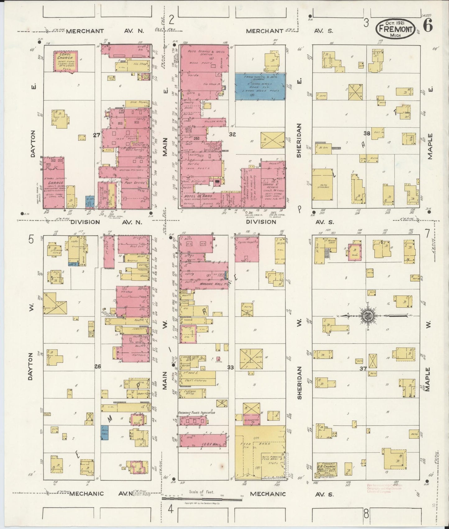 Sanborn Fire Insurance Map from Fremont, Newaygo County, Michigan (1921), Sheet #0006 - Historic Sanborn Fire Insurance Map Print, vintage old map wall art, antique decor, genealogy gift, Michigan Michigan map