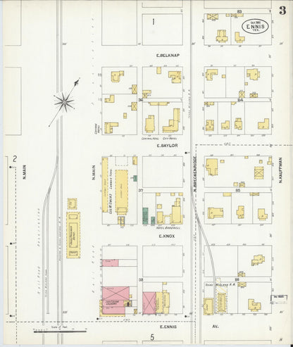 Sanborn Fire Insurance Map from Ennis, Ellis County, Texas (1901), Sheet #0003 - Historic Sanborn Fire Insurance Map Print, vintage old map wall art, antique decor, genealogy gift, Texas Texas map