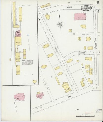 Sanborn Fire Insurance Map from Winchendon, Worcester County, Massachusetts (1896), Sheet #0008 - Historic Sanborn Fire Insurance Map Print, vintage old map wall art, antique decor, genealogy gift, Massachusetts Massachusetts map