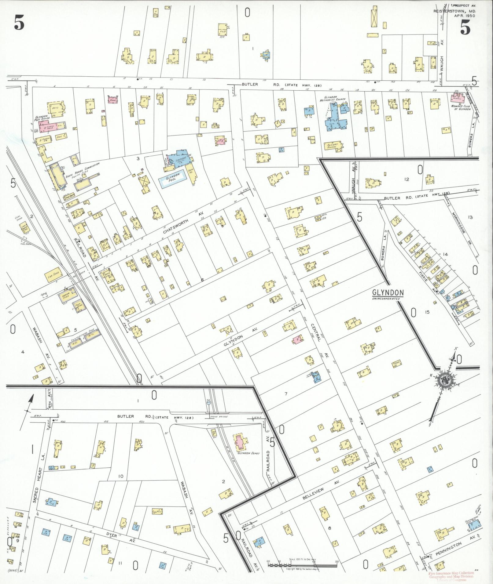 Sanborn Fire Insurance Map from Reisterstown, Baltimore County, Maryland (1950), Sheet #0005 - Historic Sanborn Fire Insurance Map Print, vintage old map wall art