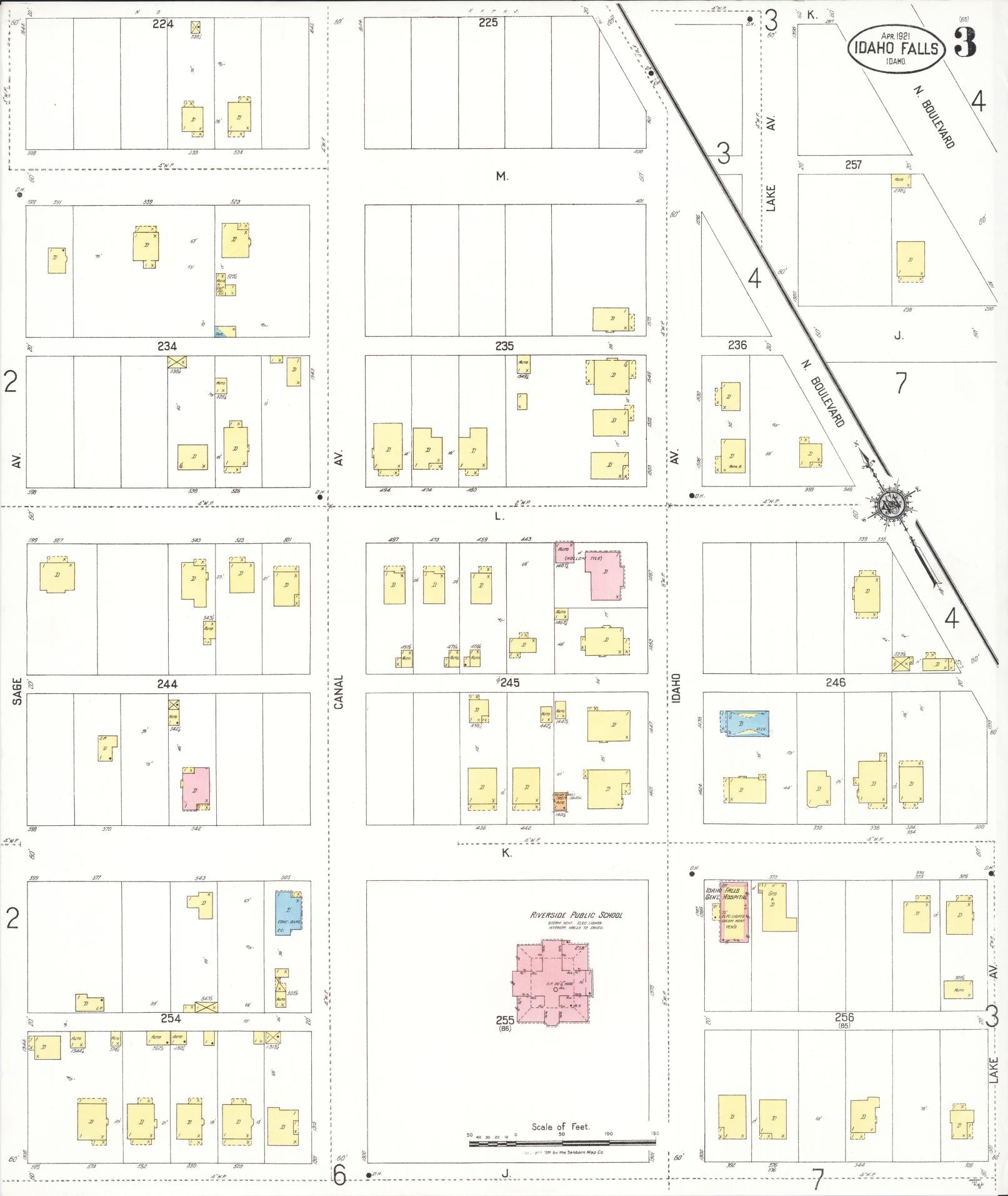 Sanborn Fire Insurance Map from Idaho Falls, Bonneville County, Idaho (1921), Sheet #0003 - Complete Map Set gallery image, historic Sanborn map, vintage wall art, Idaho Idaho