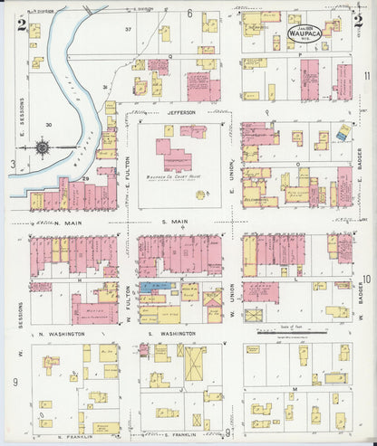 Sanborn Fire Insurance Map from Waupaca, Waupaca County, Wisconsin (1924), Sheet #0002 - Historic Sanborn Fire Insurance Map Print, vintage old map wall art, antique decor, genealogy gift, Wisconsin Wisconsin map
