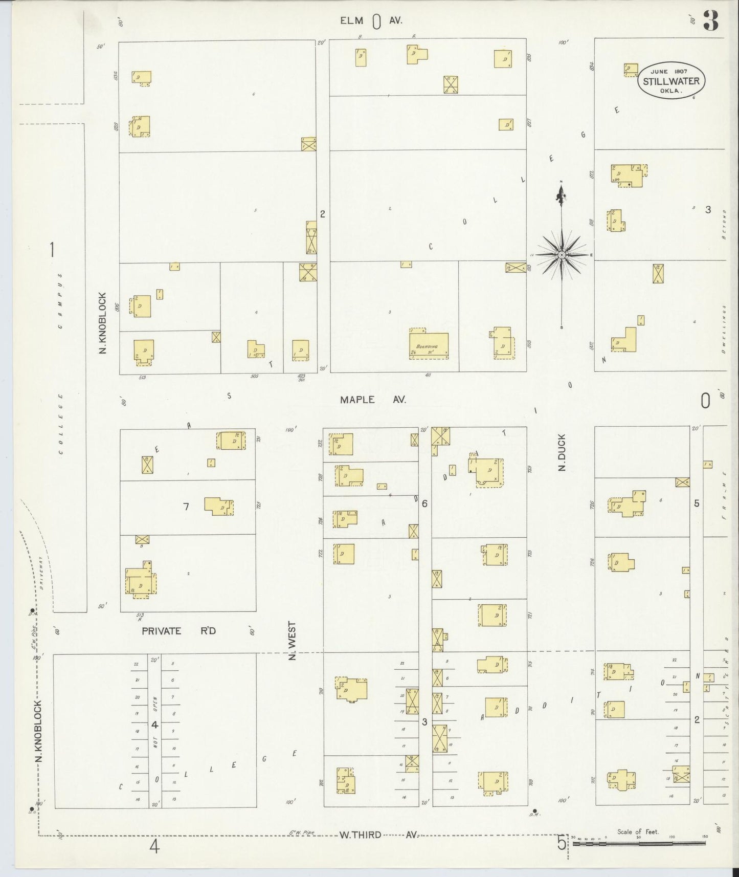 Sanborn Fire Insurance Map from Stillwater, Payne County, Oklahoma (1907), Sheet #0003 - Historic Sanborn Fire Insurance Map Print, vintage old map wall art, antique decor, genealogy gift, Oklahoma Oklahoma map