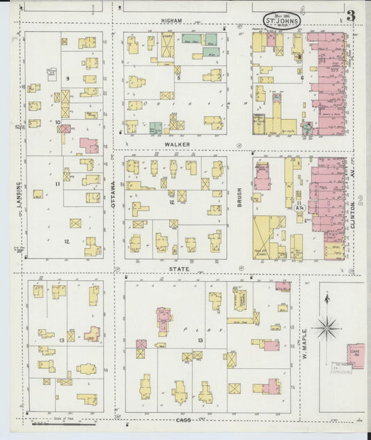 Sanborn Fire Insurance Map from Saint Johns, Clinton County, Michigan (1895), Sheet #0003 - Historic Sanborn Fire Insurance Map Print, vintage old map wall art, antique decor, genealogy gift, Michigan Michigan map
