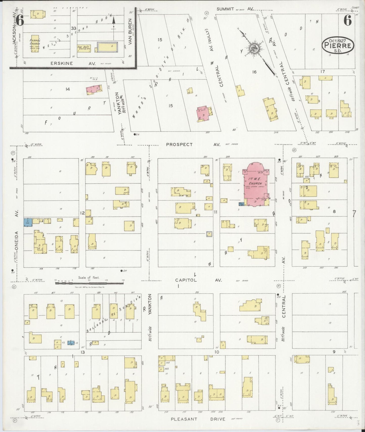 Sanborn Fire Insurance Map from Pierre, Hughes County, South Dakota (1927), Sheet #0006 - Historic Sanborn Fire Insurance Map Print, vintage old map wall art, antique decor, genealogy gift, South Dakota South Dakota map