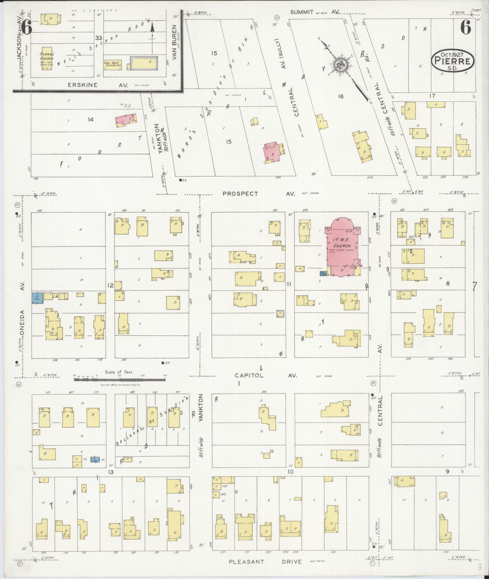 Sanborn Fire Insurance Map from Pierre, Hughes County, South Dakota (1927), Sheet #0006 - Historic Sanborn Fire Insurance Map Print, vintage old map wall art, antique decor, genealogy gift, South Dakota South Dakota map