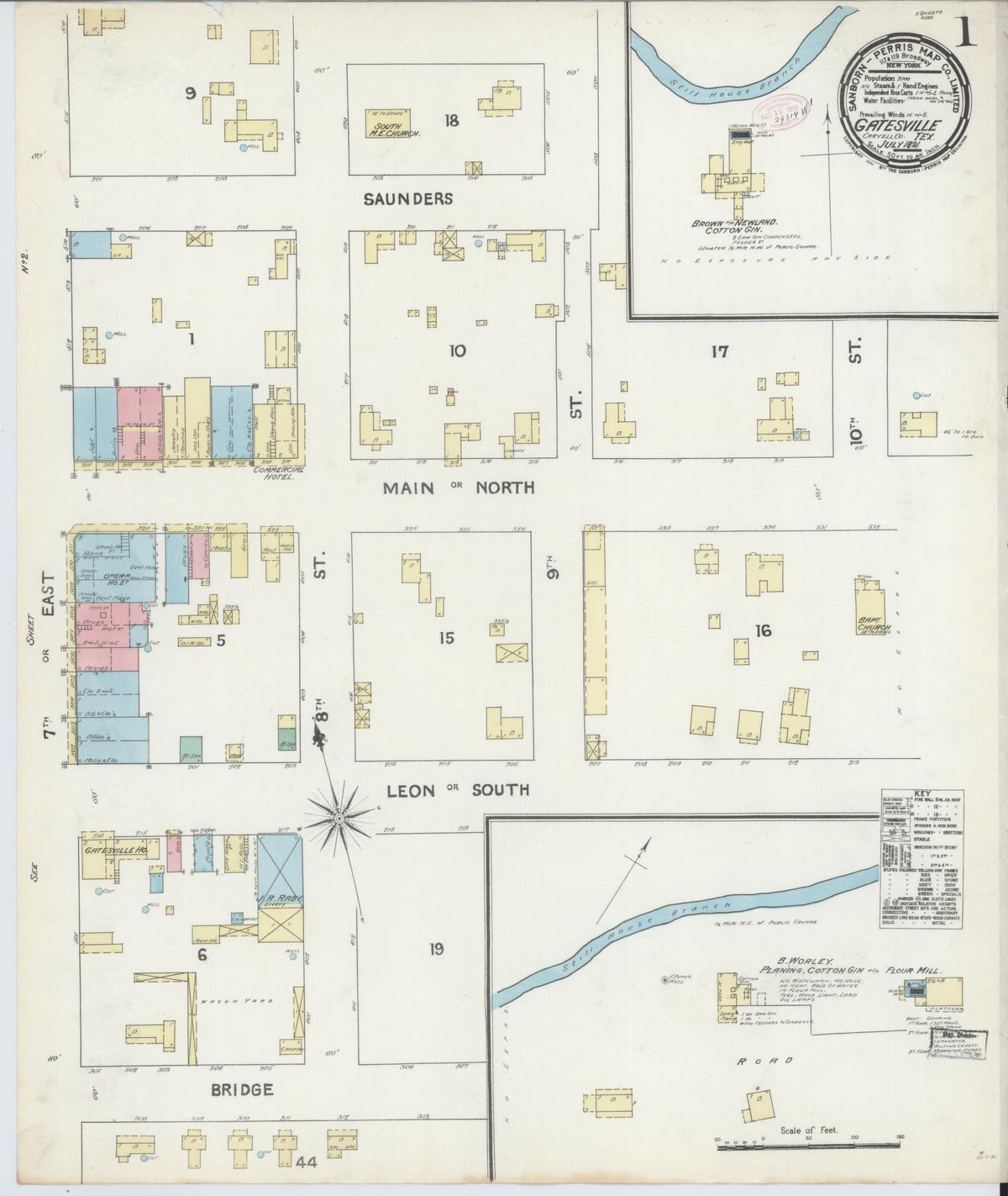 Sanborn Fire Insurance Map from Gatesville, Coryell County, Texas (1891), Sheet #0001 - Complete Map Set gallery image, historic Sanborn map, vintage wall art, Texas Texas