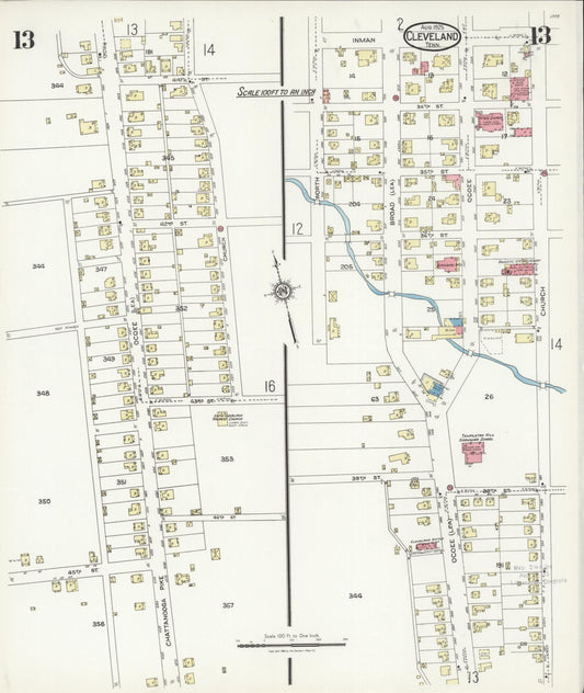 Sanborn Fire Insurance Map from Cleveland, Bradley County, Tennessee (1925), Sheet #0013 - Historic Sanborn Fire Insurance Map Print, vintage old map wall art, antique decor, genealogy gift, Tennessee Tennessee map