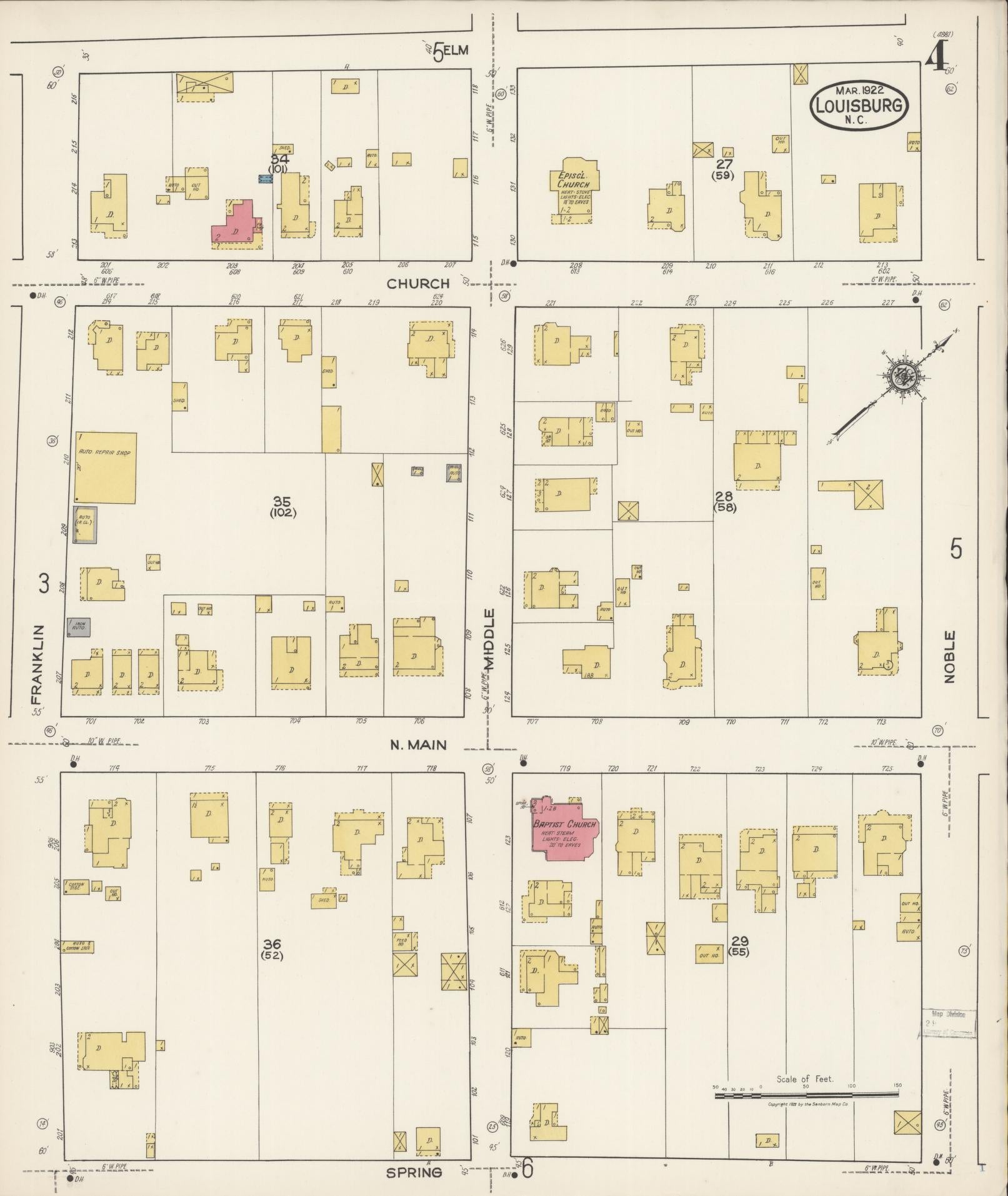 Sanborn Fire Insurance Map from Louisburg, Franklin County, North Carolina (1922), Sheet #0004 - Complete Map Set gallery image, historic Sanborn map, vintage wall art, North Carolina North Carolina