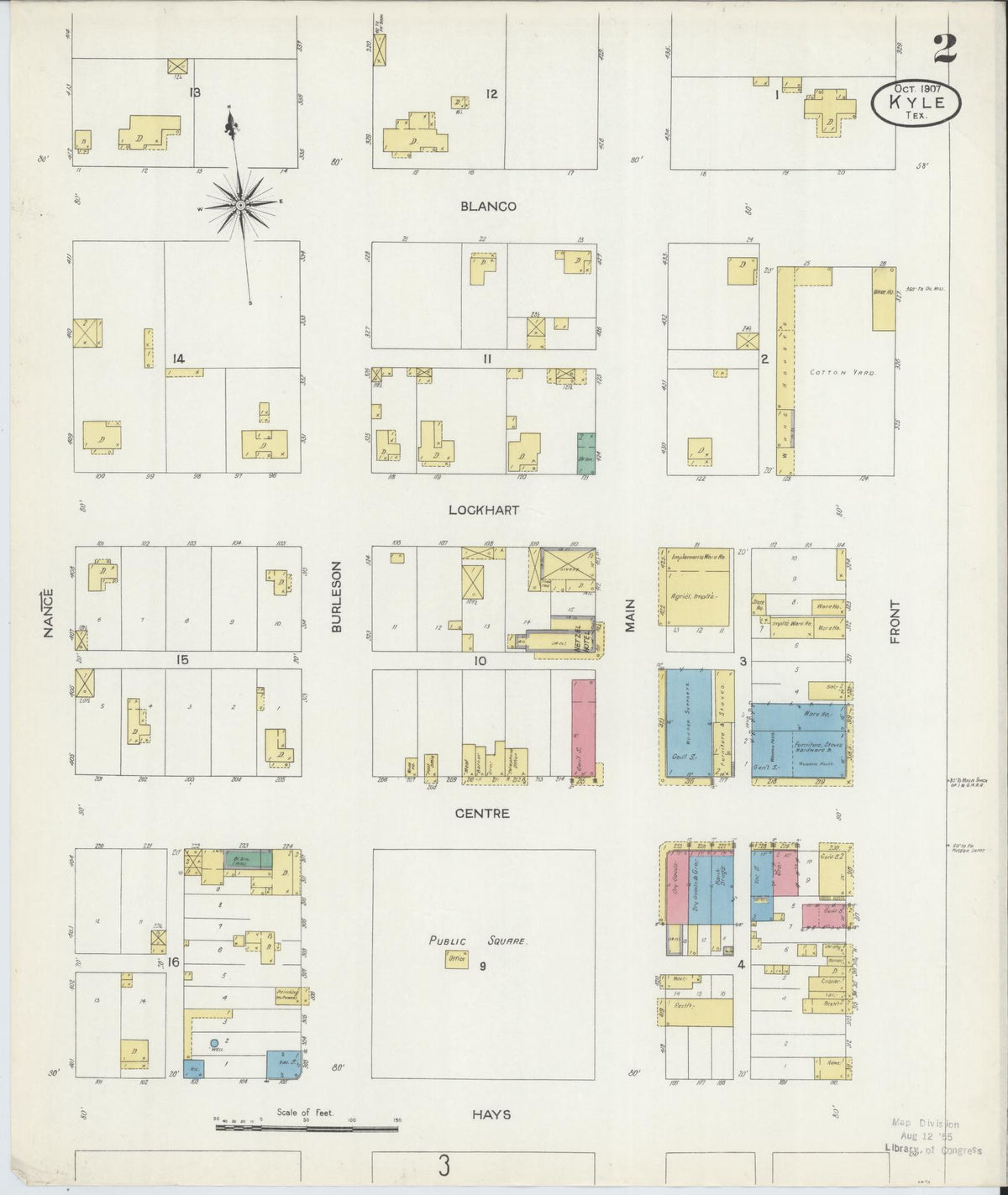 Sanborn Fire Insurance Map from Kyle, Hays County, Texas (1907), Sheet #0002 - Complete Map Set gallery image, historic Sanborn map, vintage wall art, Texas Texas
