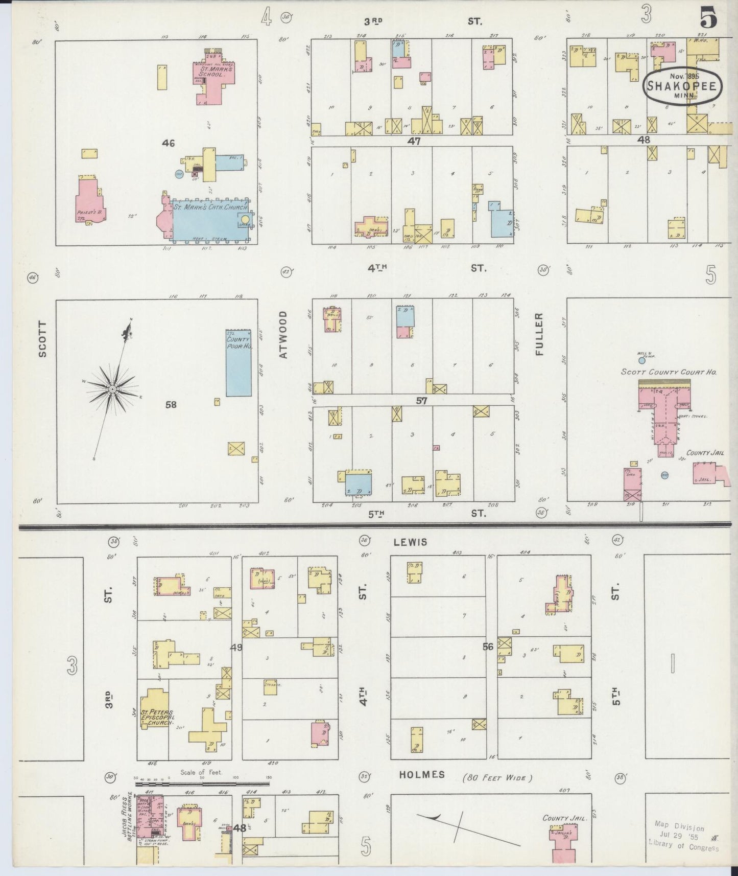 Sanborn Fire Insurance Map from Shakopee, Scott County, Minnesota (1895), Sheet #0005 - Historic Sanborn Fire Insurance Map Print, vintage old map wall art, antique decor, genealogy gift, Minnesota Minnesota map