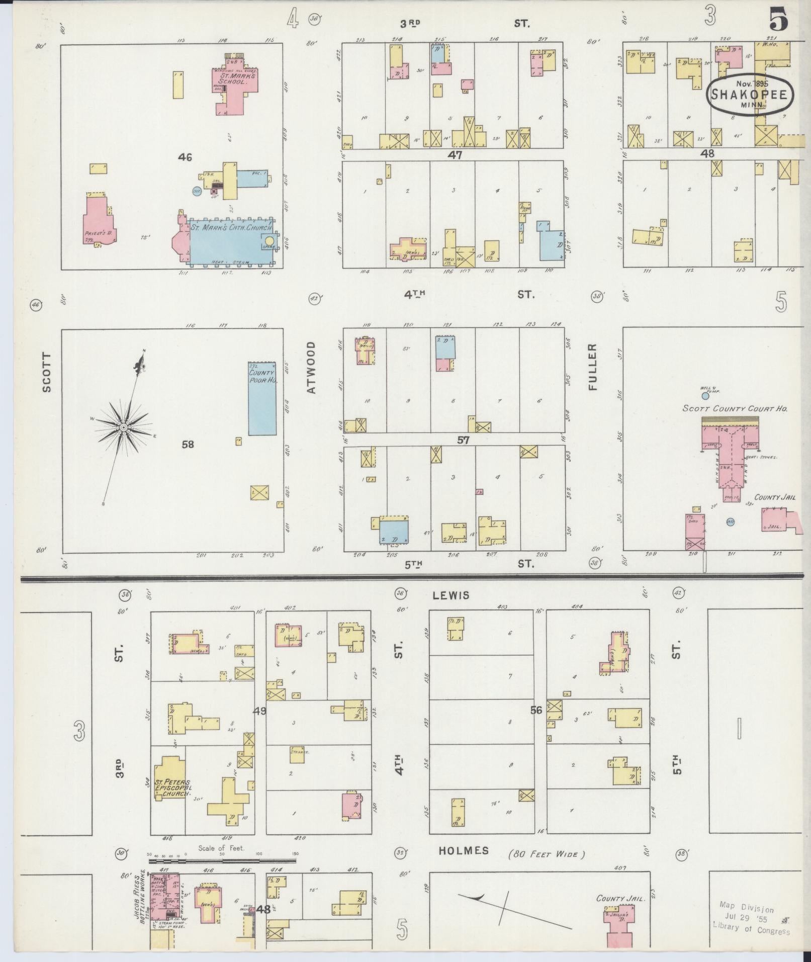 Sanborn Fire Insurance Map from Shakopee, Scott County, Minnesota (1895), Sheet #0005 - Historic Sanborn Fire Insurance Map Print, vintage old map wall art, antique decor, genealogy gift, Minnesota Minnesota map