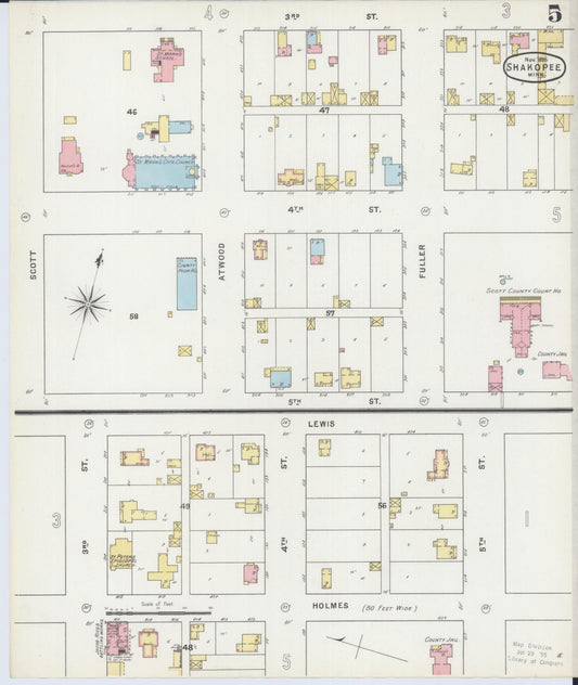 Sanborn Fire Insurance Map from Shakopee, Scott County, Minnesota (1895), Sheet #0005 - Historic Sanborn Fire Insurance Map Print, vintage old map wall art, antique decor, genealogy gift, Minnesota Minnesota map