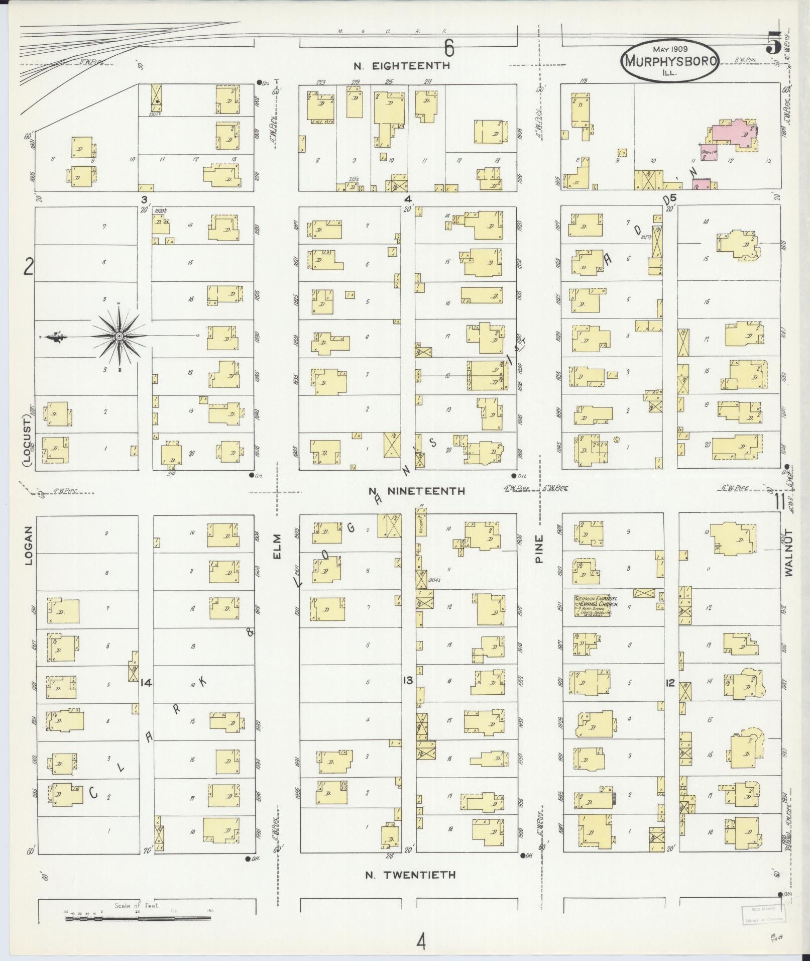 Sanborn Fire Insurance Map from Murphysboro, Jackson County, Illinois (1909), Sheet #0005 - Historic Sanborn Fire Insurance Map Print, vintage old map wall art, antique decor, genealogy gift, Illinois Illinois map