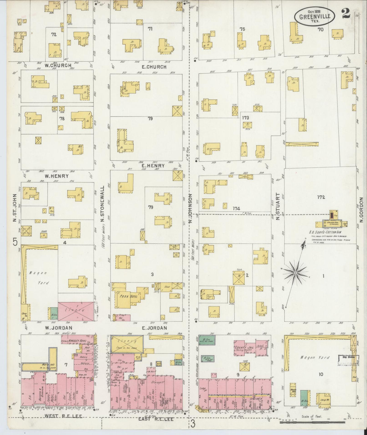 Sanborn Fire Insurance Map from Greenville, Hunt County, Texas (1898), Sheet #0002 - Complete Map Set gallery image, historic Sanborn map, vintage wall art, Texas Texas