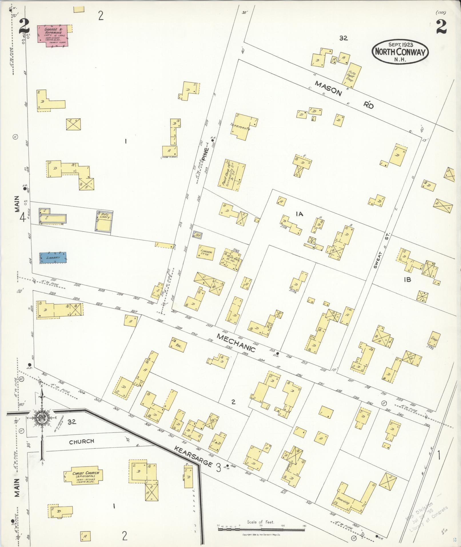 Sanborn Fire Insurance Map from North Conway, Carroll County, New Hampshire (1923), Sheet #0002 - Historic Sanborn Fire Insurance Map Print, vintage old map wall art, antique decor, genealogy gift, New Hampshire New Hampshire map