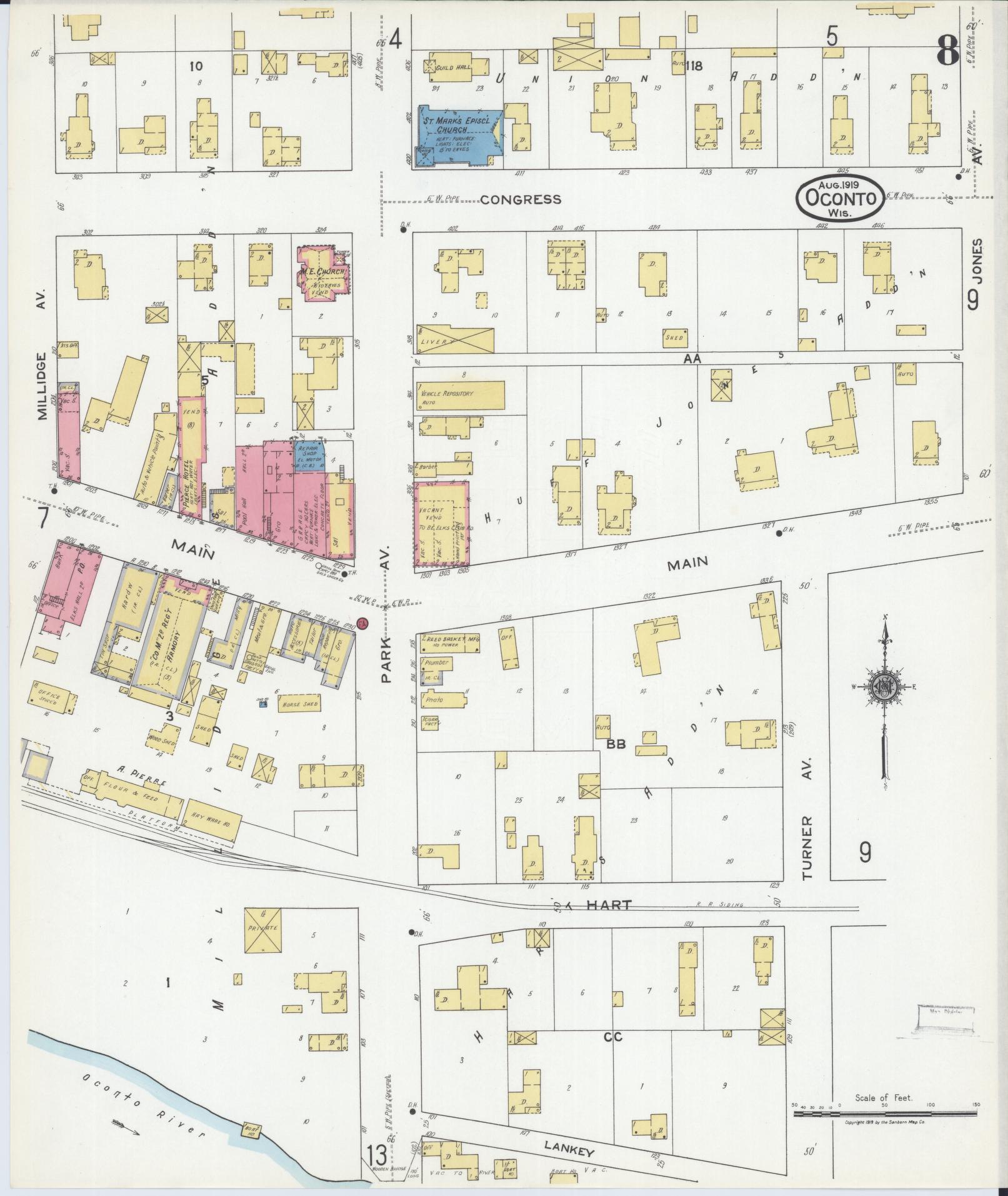 Sanborn Fire Insurance Map from Oconto, Oconto County, Wisconsin (1919), Sheet #0008 - Historic Sanborn Fire Insurance Map Print, vintage old map wall art, antique decor, genealogy gift, Wisconsin Wisconsin map