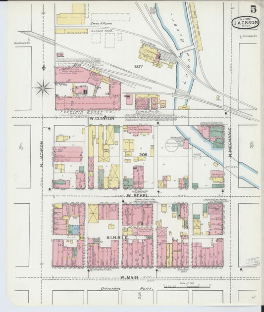 Sanborn Fire Insurance Map from Jackson, Jackson County, Michigan (1893), Sheet #0005 - Historic Sanborn Fire Insurance Map Print, vintage old map wall art, antique decor, genealogy gift, Michigan Michigan map