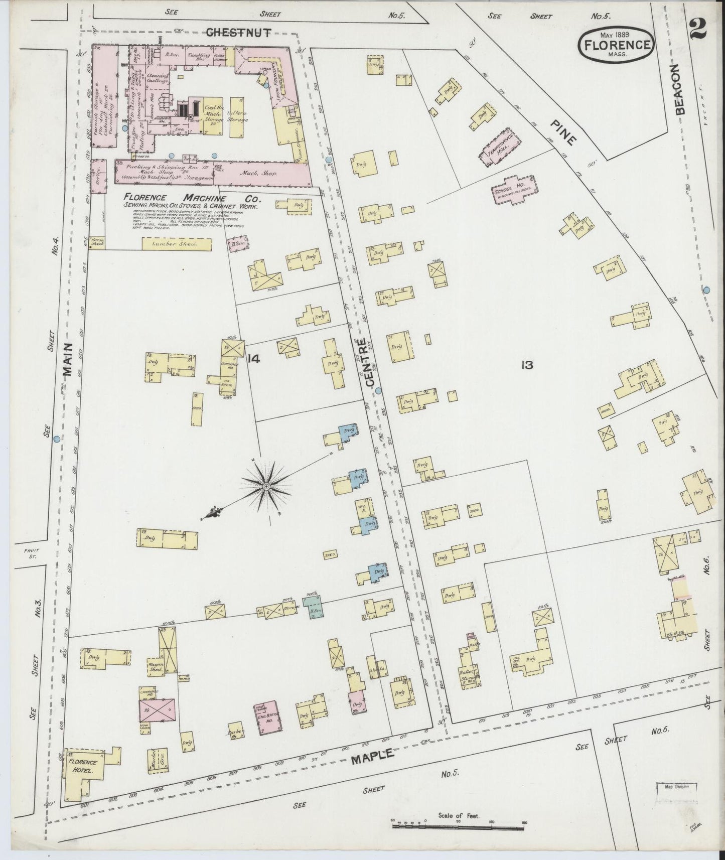 Sanborn Fire Insurance Map from Florence, Hampshire County, Massachusetts (1889), Sheet #0002 - Historic Sanborn Fire Insurance Map Print, vintage old map wall art, antique decor, genealogy gift, Massachusetts Massachusetts map