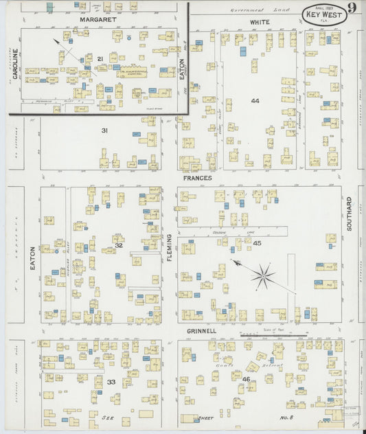 Sanborn Fire Insurance Map from Key West, Monroe County, Florida (1889), Sheet #0009 - Historic Sanborn Fire Insurance Map Print, vintage old map wall art, antique decor, genealogy gift, Florida Florida map