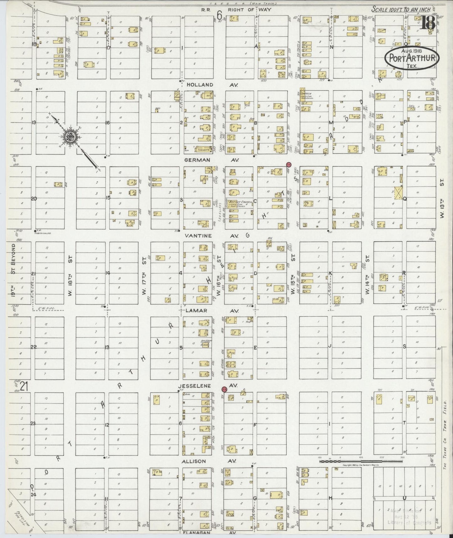 Sanborn Fire Insurance Map from Port Arthur, Jefferson County, Texas (1918), Sheet #0018 - Historic Sanborn Fire Insurance Map Print, vintage old map wall art, antique decor, genealogy gift, Texas Texas map