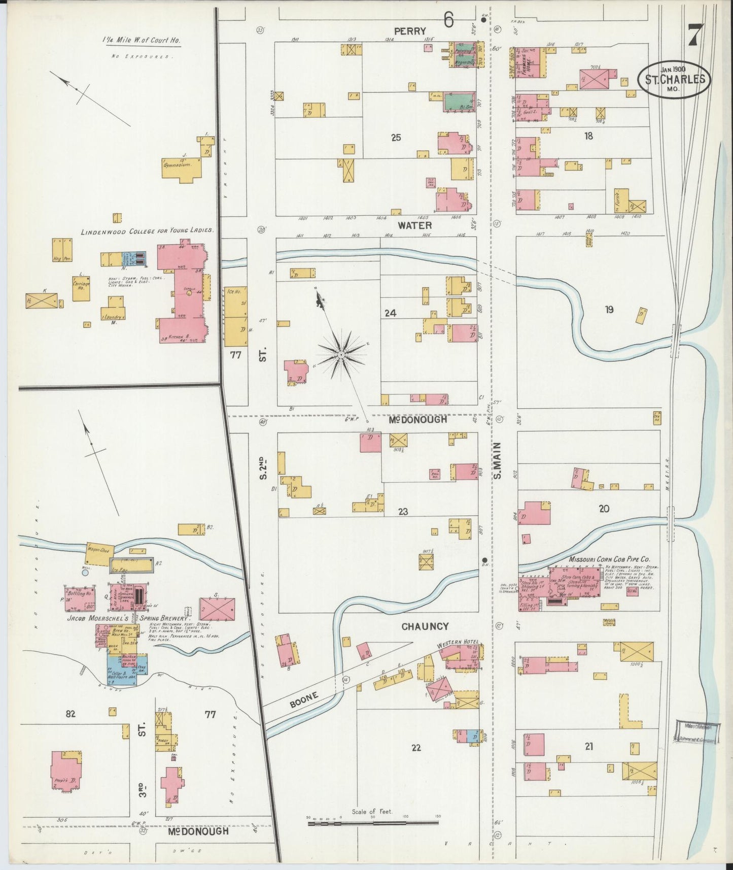 Sanborn Fire Insurance Map from Saint Charles, Saint Charles County, Missouri (1900), Sheet #0007 - Historic Sanborn Fire Insurance Map Print, vintage old map wall art, antique decor, genealogy gift, Missouri Missouri map