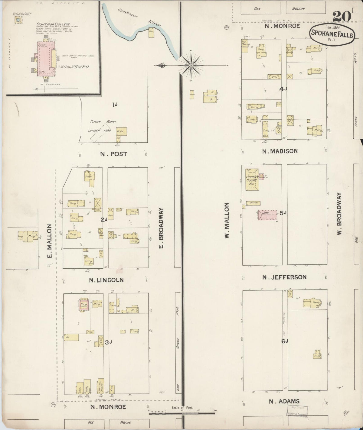 Sanborn Fire Insurance Map from Spokane, Spokane County, Washington (1889), Sheet #0020 - Historic Sanborn Fire Insurance Map Print, vintage old map wall art, antique decor, genealogy gift, Washington Washington map