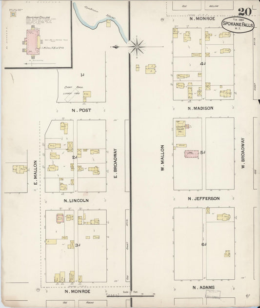 Sanborn Fire Insurance Map from Spokane, Spokane County, Washington (1889), Sheet #0020 - Historic Sanborn Fire Insurance Map Print, vintage old map wall art, antique decor, genealogy gift, Washington Washington map