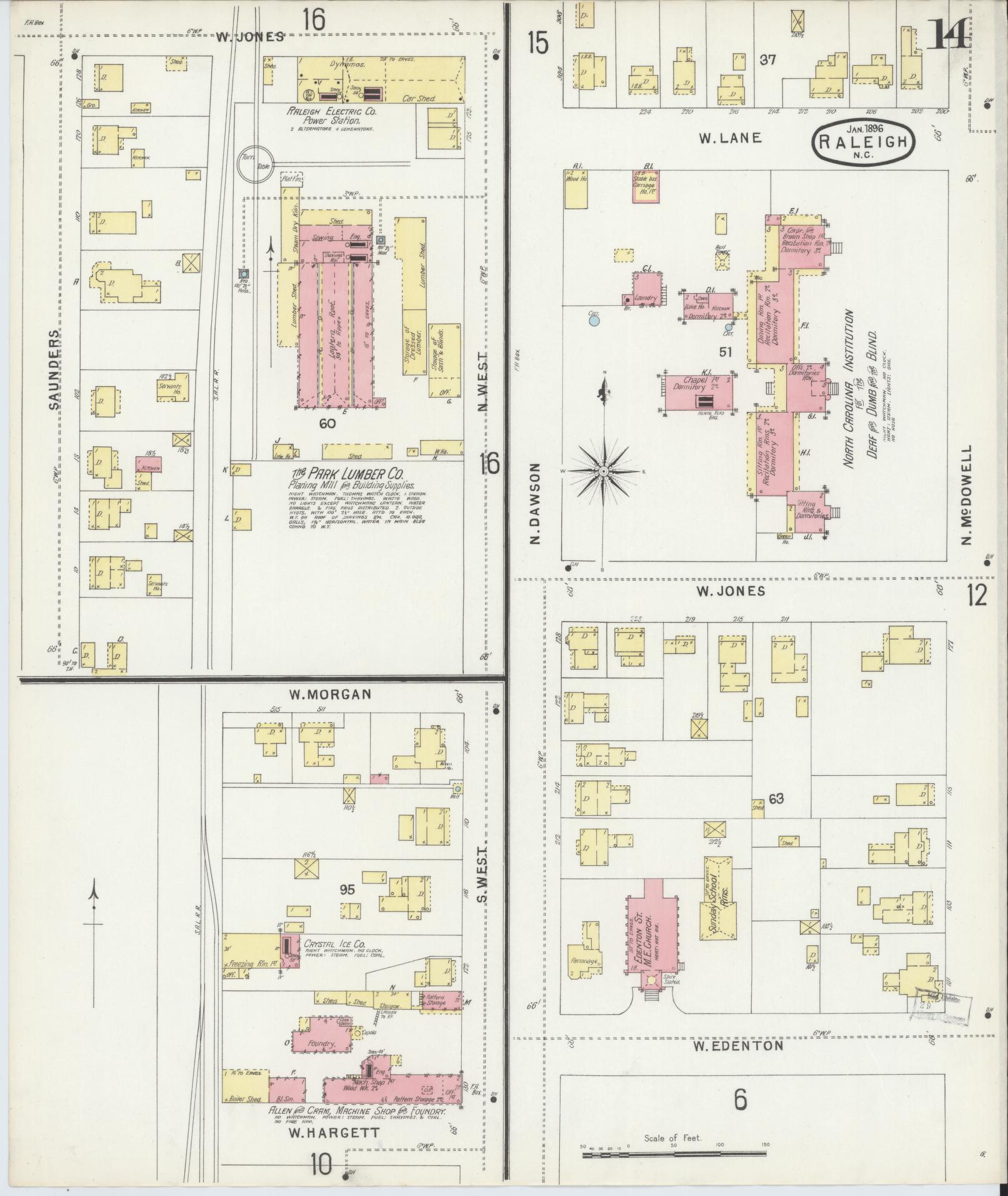 Sanborn Fire Insurance Map from Raleigh, Wake County, North Carolina (1896), Sheet #0014 - Complete Map Set gallery image, historic Sanborn map, vintage wall art, North Carolina North Carolina