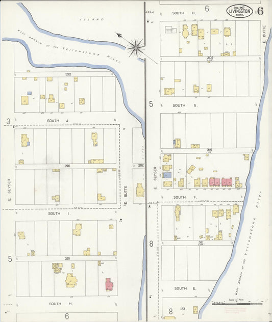 Sanborn Fire Insurance Map from Livingston, Park County, Montana (1907), Sheet #0006 - Historic Sanborn Fire Insurance Map Print, vintage old map wall art, antique decor, genealogy gift, Montana Montana map