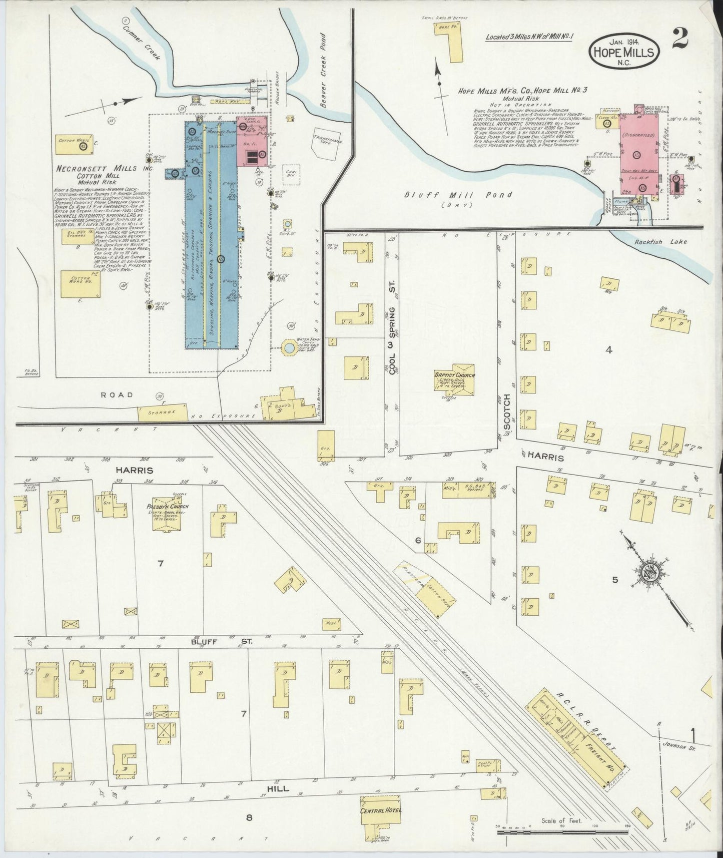 Sanborn Fire Insurance Map from Hope Mills, Cumberland County, North Carolina (1914), Sheet #0002 - Historic Sanborn Fire Insurance Map Print, vintage old map wall art, antique decor, genealogy gift, North Carolina North Carolina map