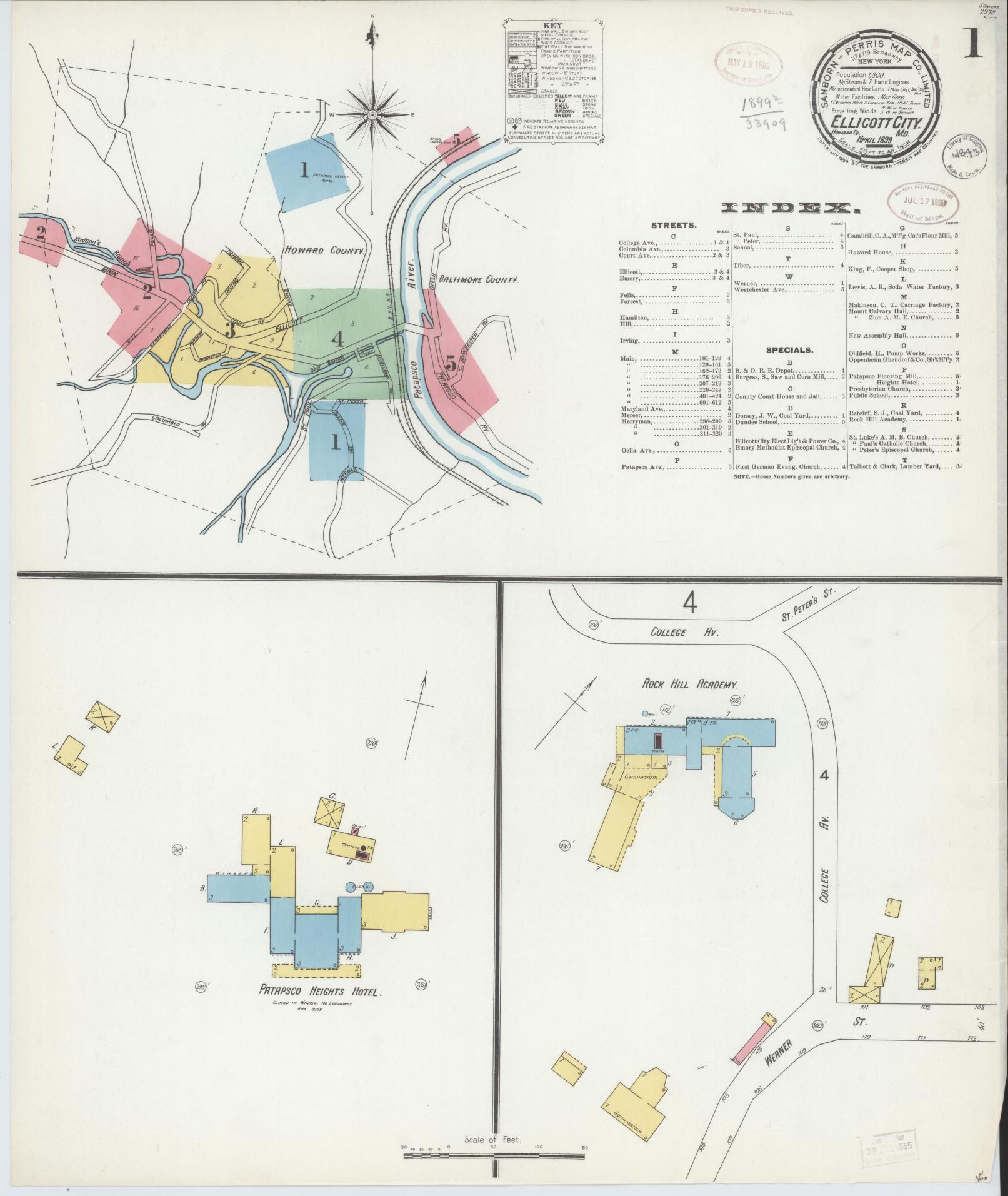 Sanborn Fire Insurance Map from Ellicott City, Howard County, Maryland (1899), Sheet #0001 - Complete Map Set gallery image, historic Sanborn map, vintage wall art, Maryland Maryland