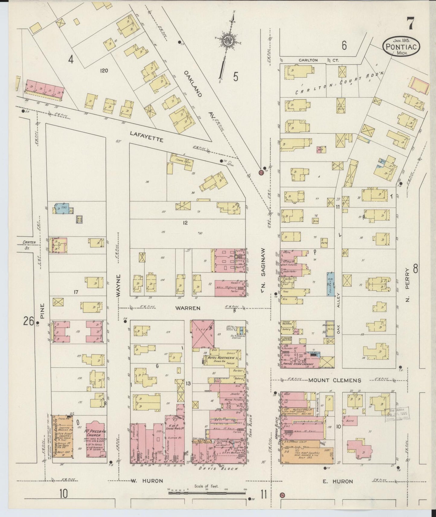 Sanborn Fire Insurance Map from Pontiac, Oakland County, Michigan (1915), Sheet #0007 - Historic Sanborn Fire Insurance Map Print, vintage old map wall art, antique decor, genealogy gift, Michigan Michigan map