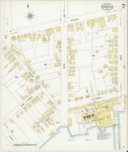 Sanborn Fire Insurance Map from New Bern, Craven County, North Carolina (1908), Sheet #0007 - Historic Sanborn Fire Insurance Map Print, vintage old map wall art, antique decor, genealogy gift, North Carolina North Carolina map
