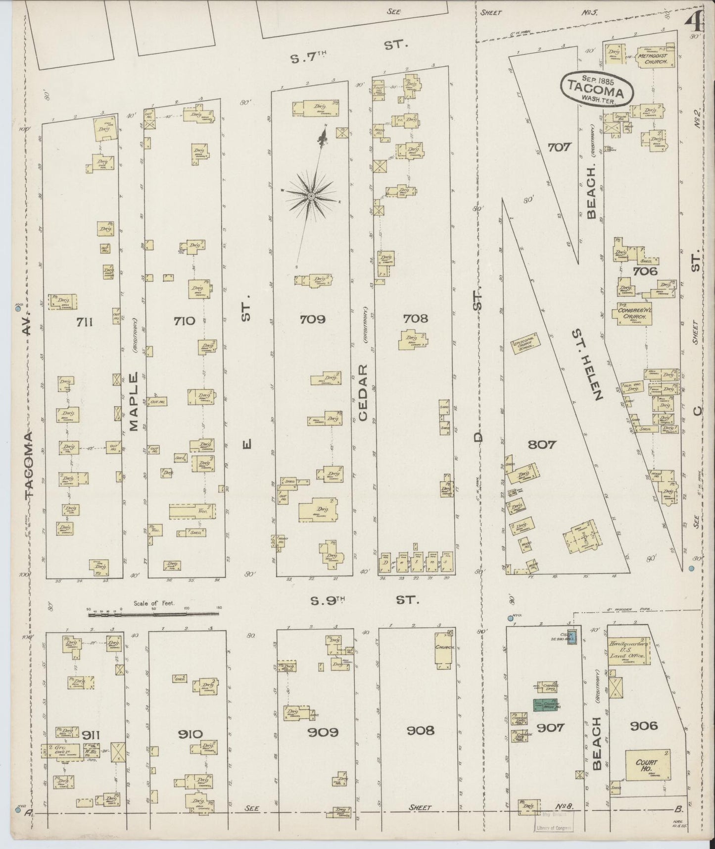Sanborn Fire Insurance Map from Tacoma, Pierce County, Washington (1885), Sheet #0004 - Complete Map Set gallery image, historic Sanborn map, vintage wall art, Washington Washington