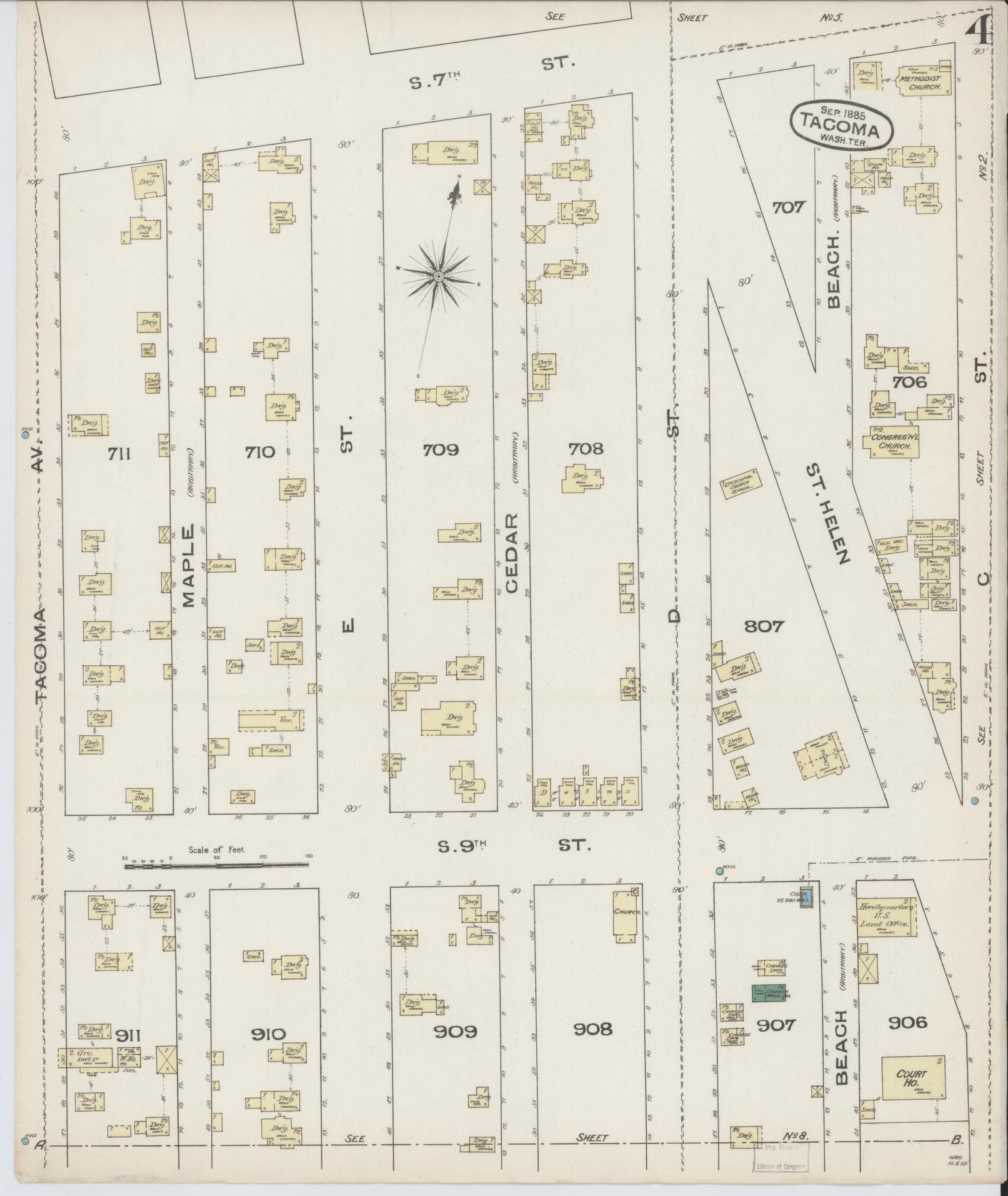 Sanborn Fire Insurance Map from Tacoma, Pierce County, Washington (1885), Sheet #0004 - Complete Map Set gallery image, historic Sanborn map, vintage wall art, Washington Washington