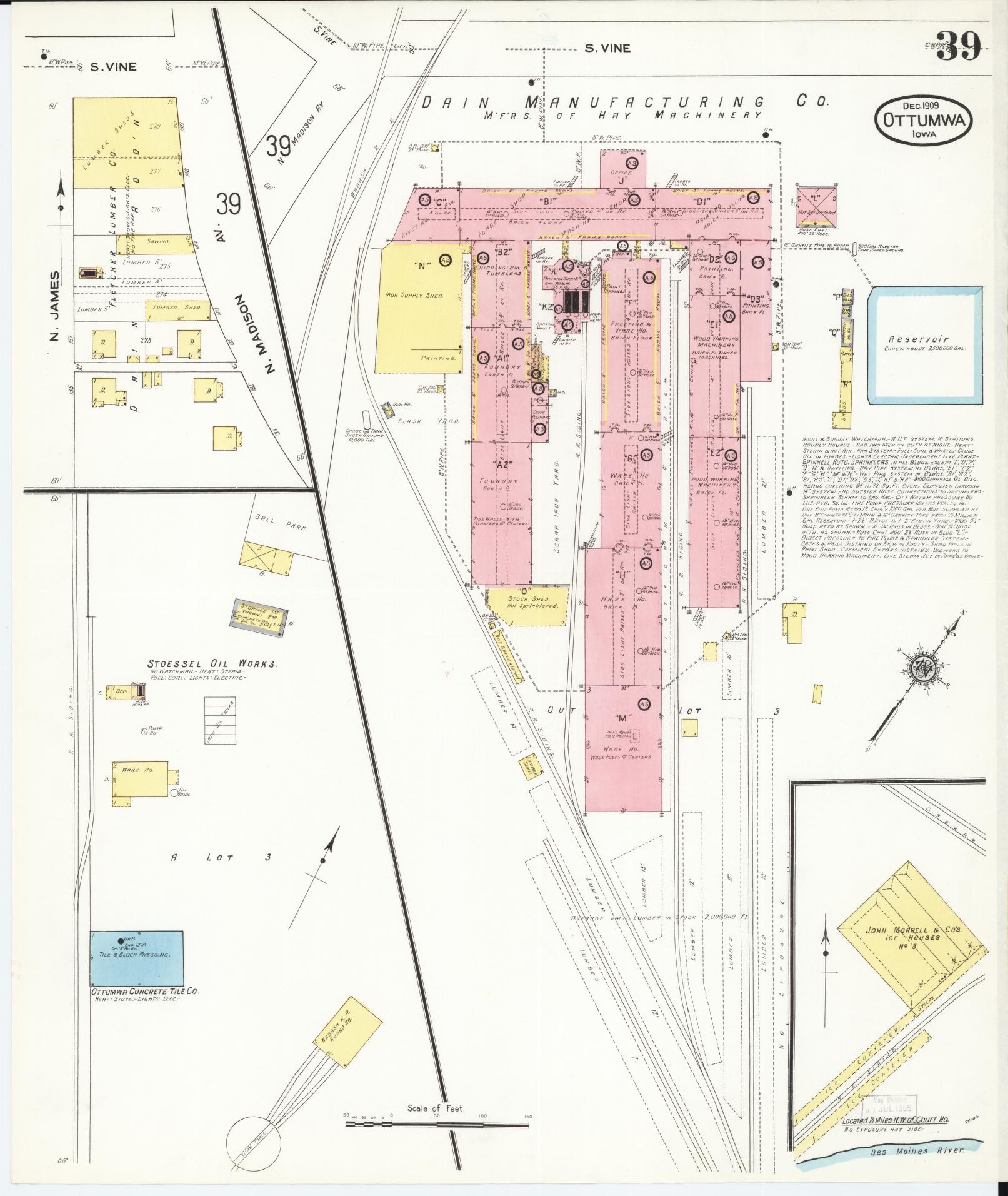 Sanborn Fire Insurance Map from Ottumwa, Wapello County, Iowa (1909), Sheet #0039 - Historic Sanborn Fire Insurance Map Print, vintage old map wall art