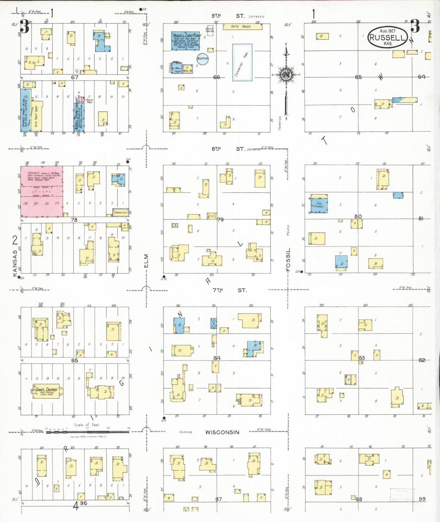 Sanborn Fire Insurance Map from Russell, Russell County, Kansas (1927), Sheet #0003 - Complete Map Set gallery image, historic Sanborn map, vintage wall art, Kansas Kansas