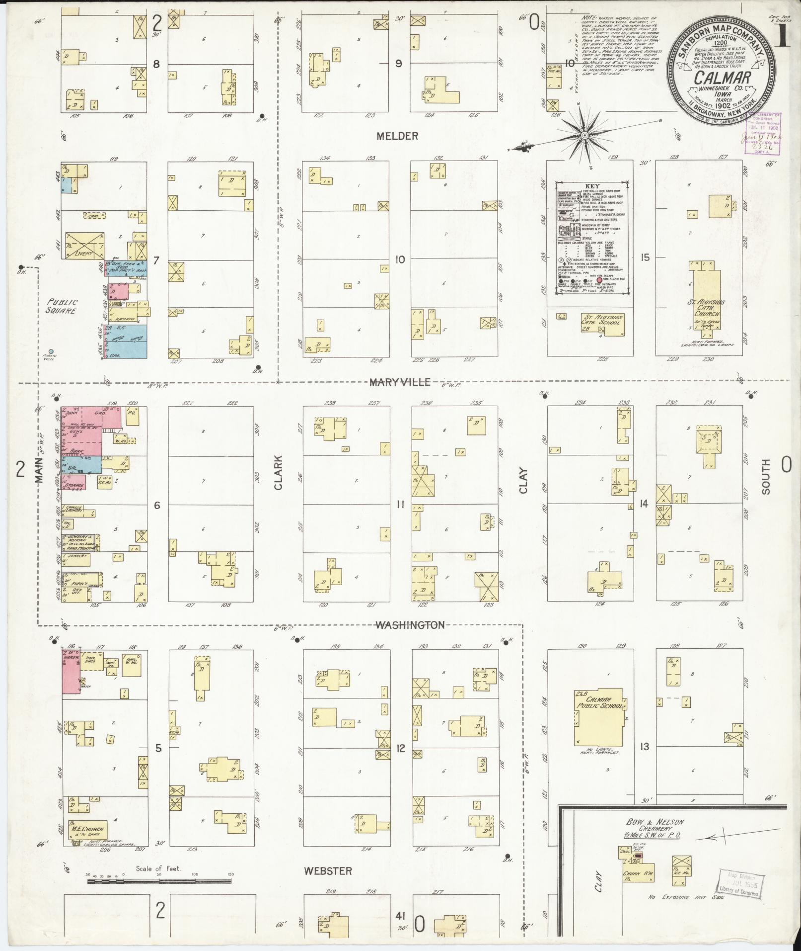 Sanborn Fire Insurance Map from Calmar, Winneshiek County, Iowa (1902), Sheet #0001 - Historic Sanborn Fire Insurance Map Print, vintage old map wall art
