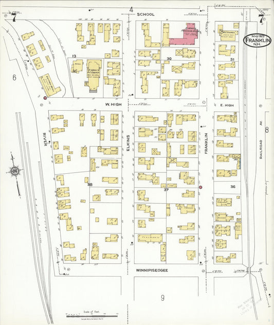 Sanborn Fire Insurance Map from Franklin, Merrimack County, New Hampshire (1923), Sheet #0007 - Historic Sanborn Fire Insurance Map Print, vintage old map wall art, antique decor, genealogy gift, New Hampshire New Hampshire map