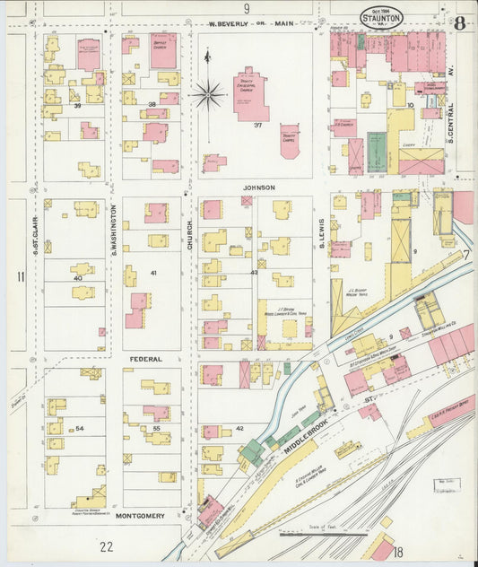 Sanborn Fire Insurance Map from Staunton, Independent Cities, Virginia (1904), Sheet #0008 - Historic Sanborn Fire Insurance Map Print, vintage old map wall art, antique decor, genealogy gift, Virginia Virginia map