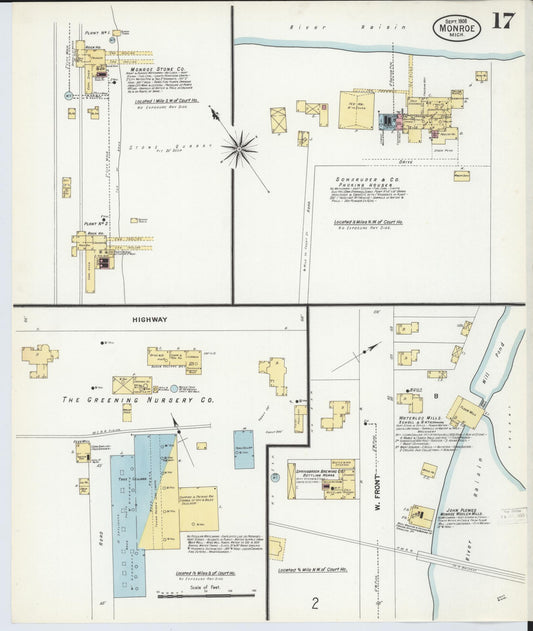 Sanborn Fire Insurance Map from Monroe, Monroe County, Michigan (1908), Sheet #0017 - Historic Sanborn Fire Insurance Map Print, vintage old map wall art, antique decor, genealogy gift, Michigan Michigan map