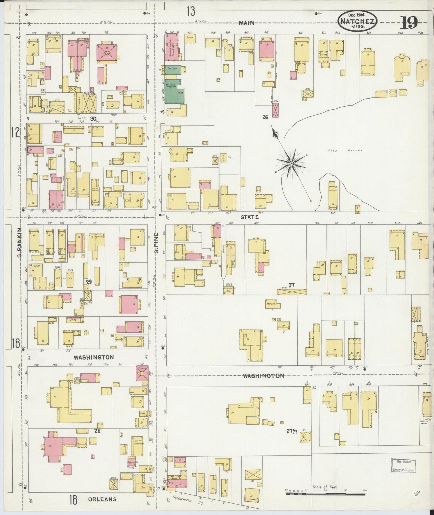Sanborn Fire Insurance Map from Natchez, Adams County, Mississippi (1904), Sheet #0019 - Historic Sanborn Fire Insurance Map Print, vintage old map wall art, antique decor, genealogy gift, Mississippi Mississippi map