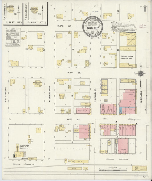 Sanborn Fire Insurance Map from Whitney, Hill County, Texas (1911), Sheet #0001 - Complete Map Set gallery image, historic Sanborn map, vintage wall art, Texas Texas