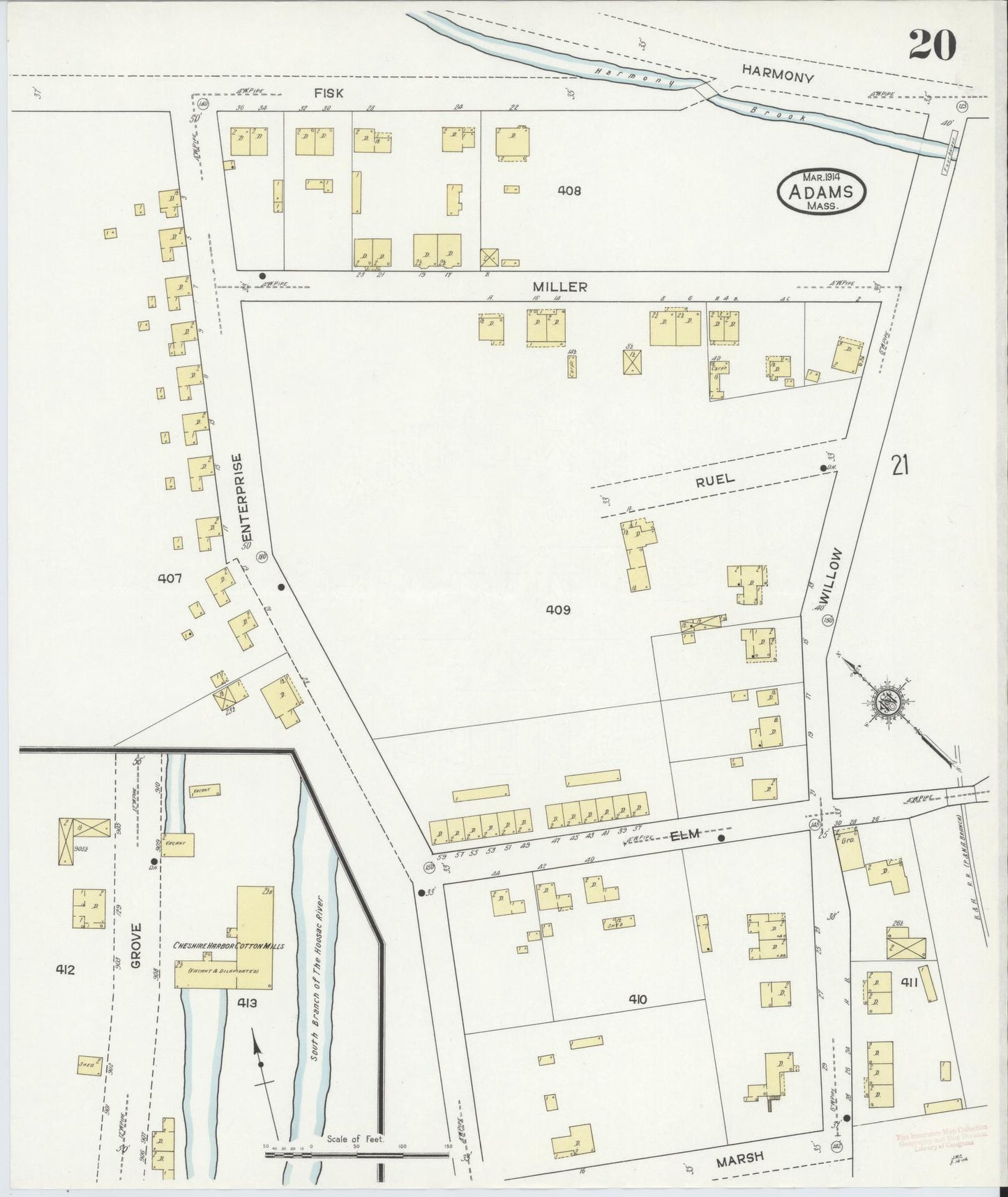 Sanborn Fire Insurance Map from Adams, Berkshire County, Massachusetts (1914), Sheet #0020 - Historic Sanborn Fire Insurance Map Print, vintage old map wall art, antique decor, genealogy gift, Massachusetts Massachusetts map