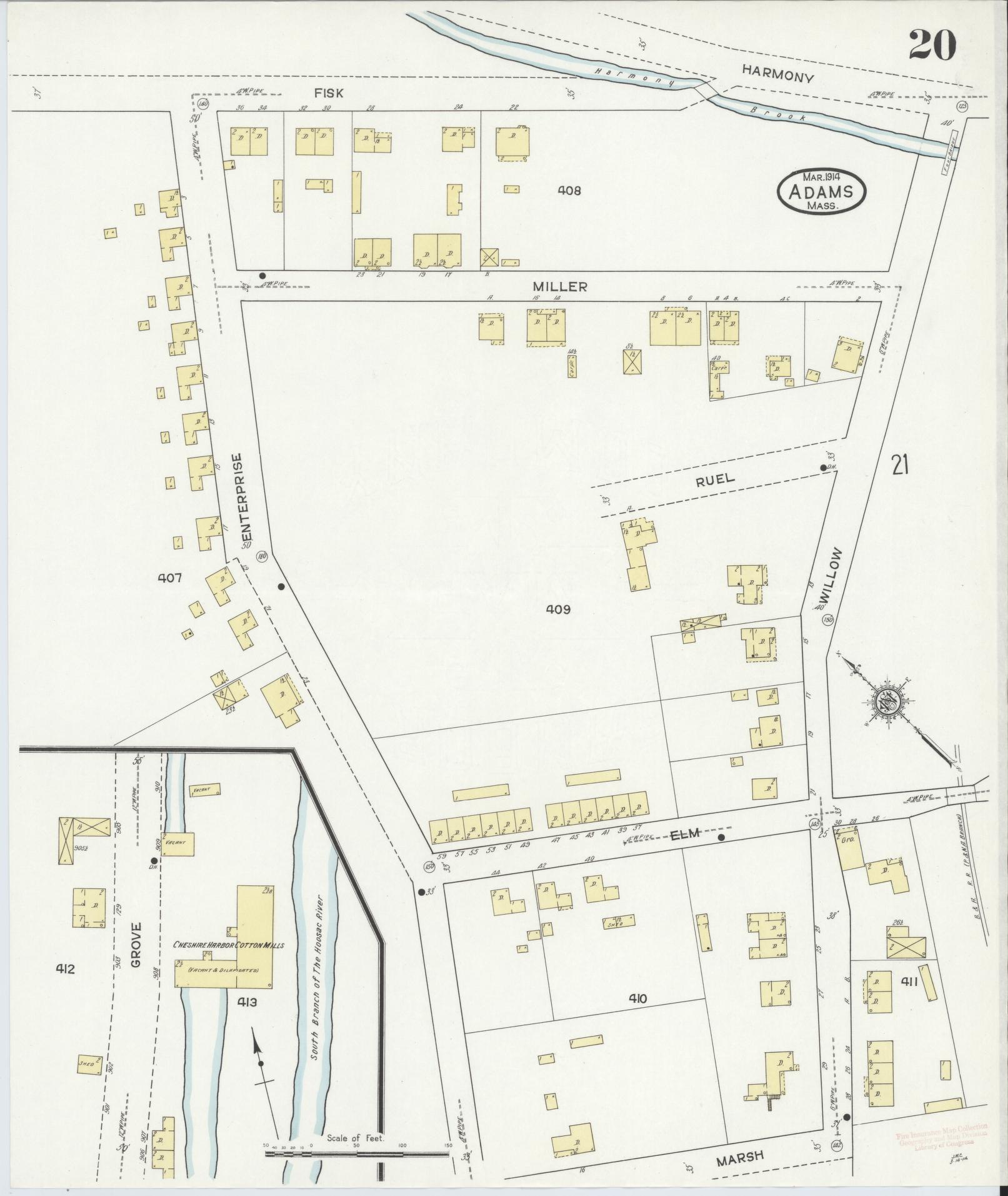 Sanborn Fire Insurance Map from Adams, Berkshire County, Massachusetts (1914), Sheet #0020 - Historic Sanborn Fire Insurance Map Print, vintage old map wall art, antique decor, genealogy gift, Massachusetts Massachusetts map