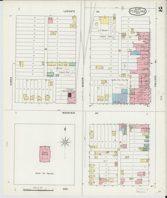 Sanborn Fire Insurance Map from Fort Collins, Larimer County, Colorado (1895), Sheet #0002 - Historic Sanborn Fire Insurance Map Print, vintage old map wall art, antique decor, genealogy gift, Colorado Colorado map