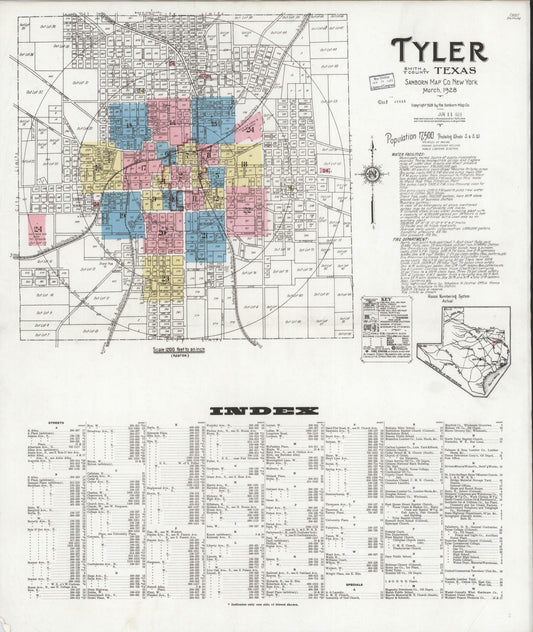 Sanborn Fire Insurance Map from Tyler, Smith County, Texas (1928), Sheet #0001 - Historic Sanborn Fire Insurance Map Print, vintage old map wall art, antique decor, genealogy gift, Texas Texas map