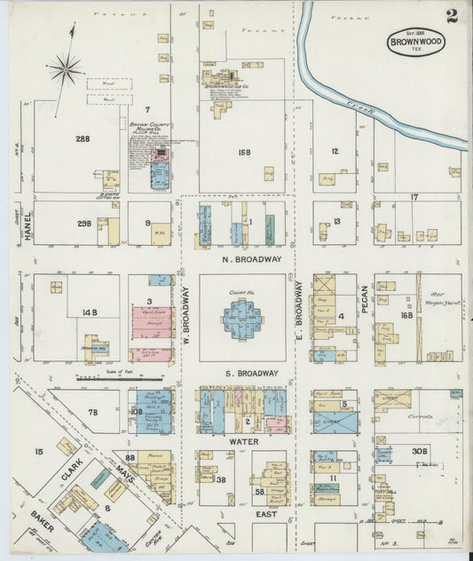 Sanborn Fire Insurance Map from Brownwood, Brown County, Texas (1888), Sheet #0002 - Historic Sanborn Fire Insurance Map Print, vintage old map wall art, antique decor, genealogy gift, Texas Texas map
