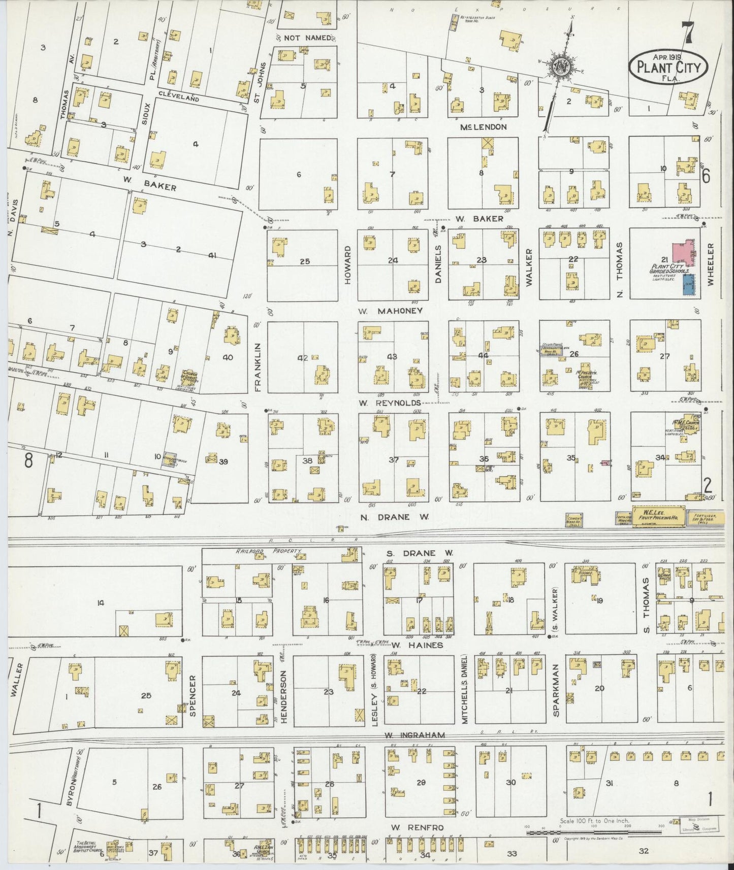 Sanborn Fire Insurance Map from Plant City, Hillborough County, Florida (1919), Sheet #0007 - Historic Sanborn Fire Insurance Map Print, vintage old map wall art, antique decor, genealogy gift, Florida Florida map